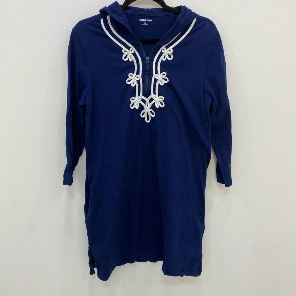 Lands End half zip hoodie swim cover-up navy cotton tunic dress Sz Medium